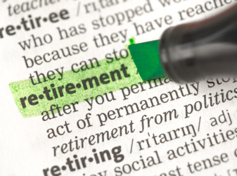 the word retirement highlighted in green in a dictionary